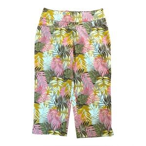 Coral Bay Capri Leaf Pattern Crop Pants Size 8 Front Pockets Stretch Green Pink